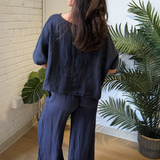 Jay Foldover Linen Palazzo Pant - Navy Blue