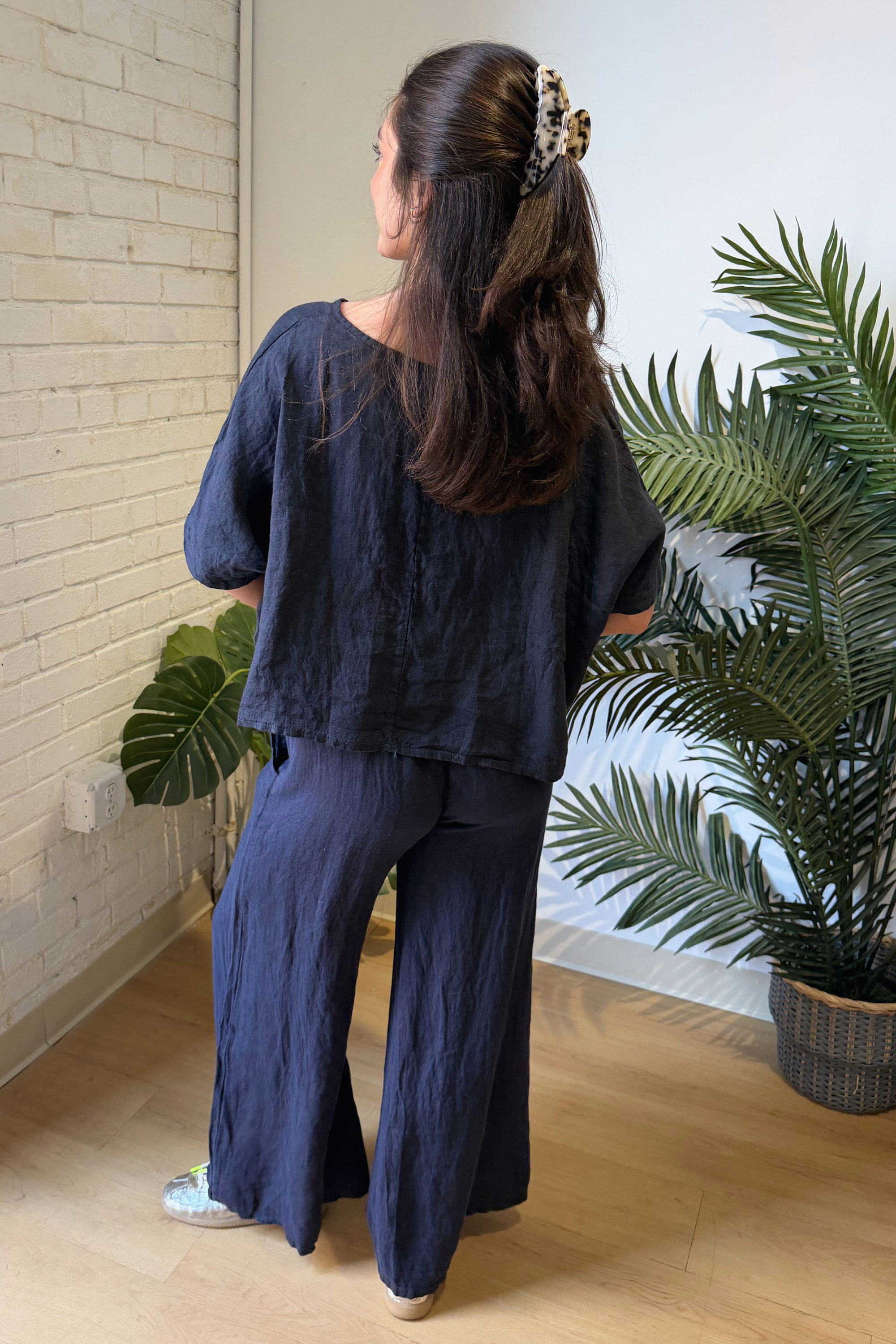Jay Foldover Linen Palazzo Pant - Navy Blue