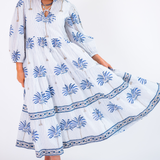 Hirma Bubble Sleeve Maxi Dress - Palm Stripe Cornflower