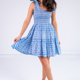 Joy Bow Mini Dress - Bulb Trellis Bright Blue