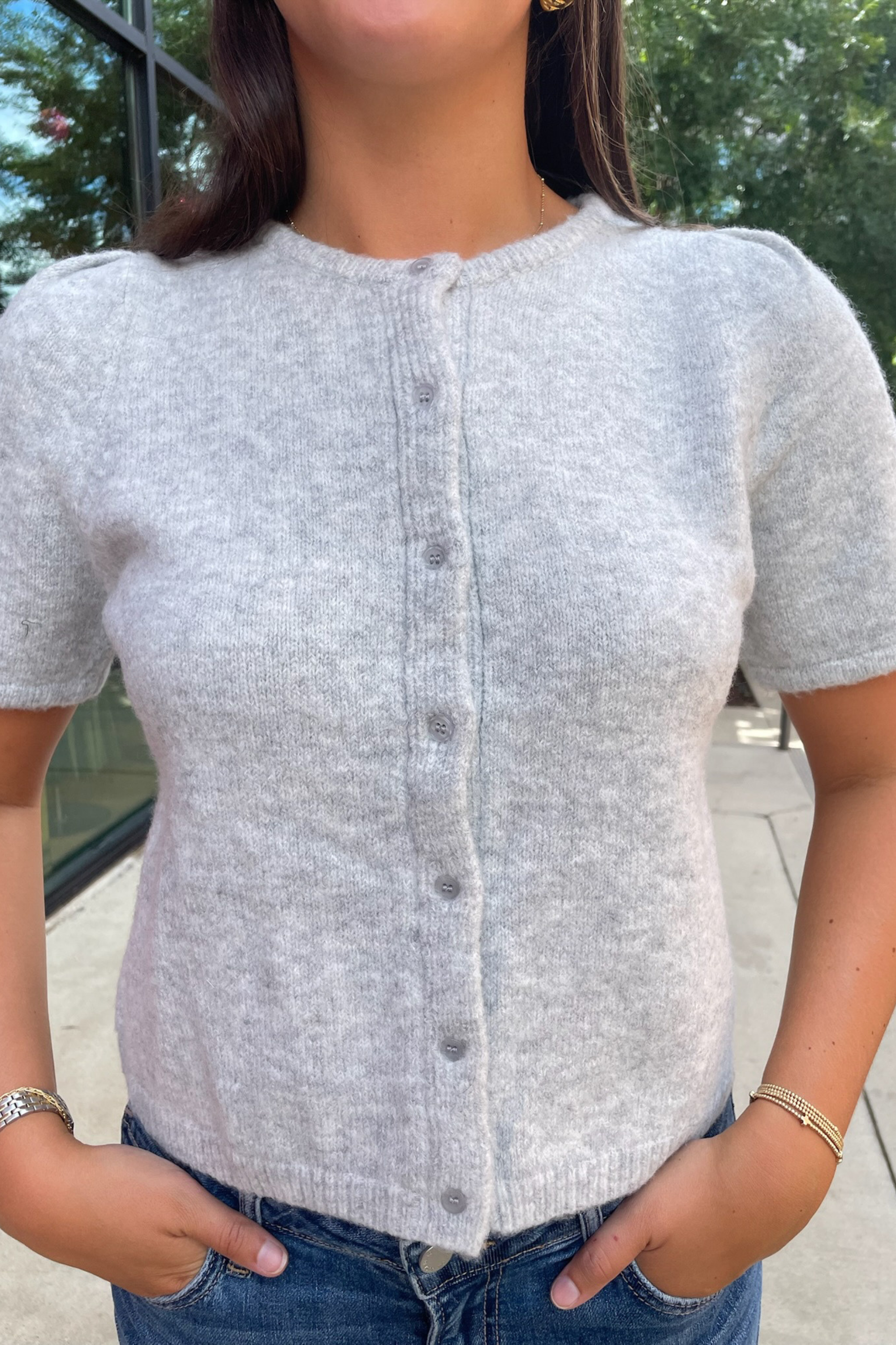 Nola Short Sleeve Button Down Cardigan - Heather Grey