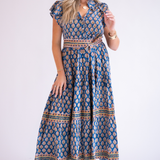Louise Flutter Sleeve Blockprint Maxi Dress - Navy Orange Mix