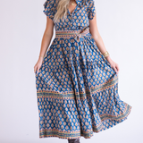 Louise Flutter Sleeve Blockprint Maxi Dress - Navy Orange Mix