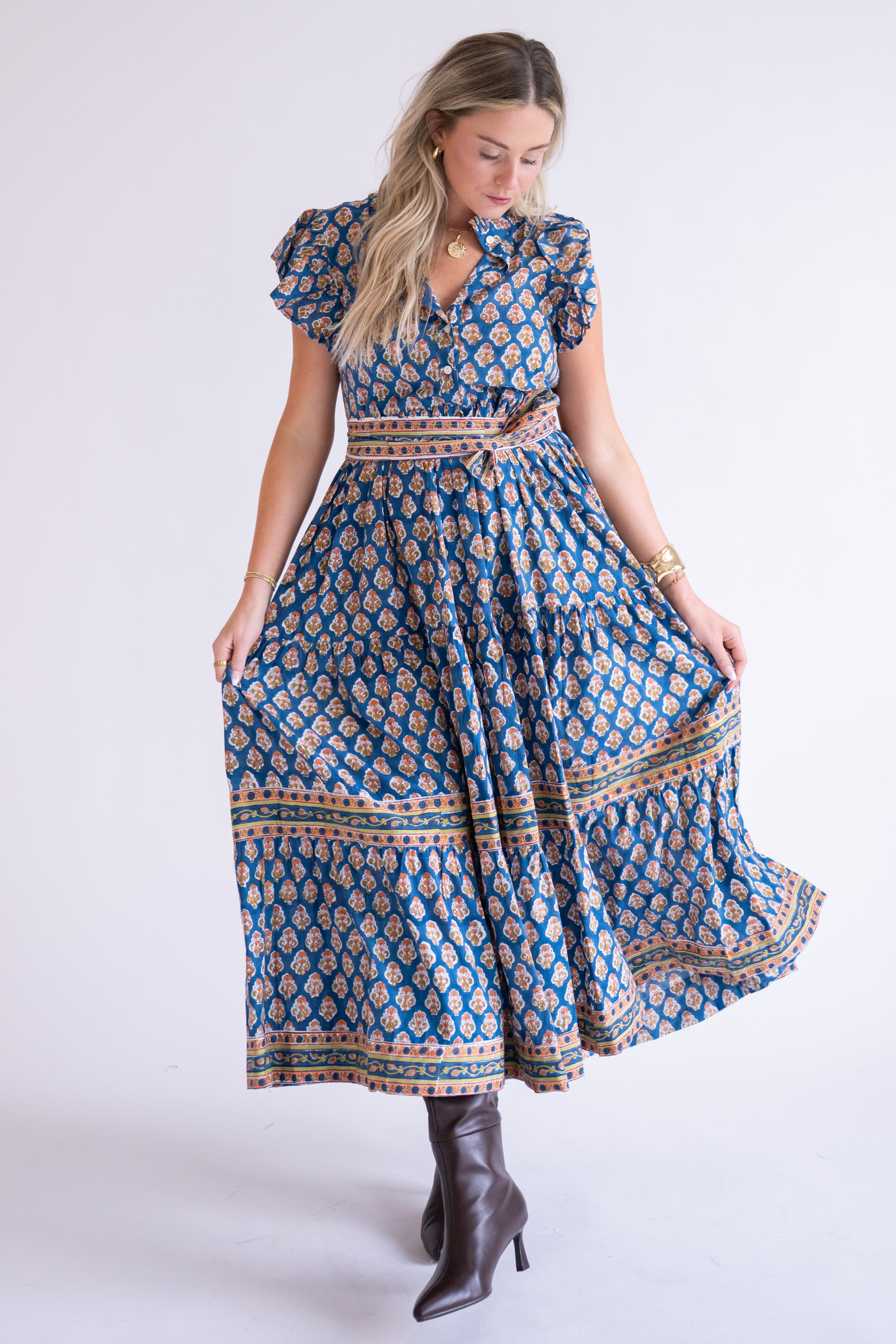 Louise Flutter Sleeve Blockprint Maxi Dress - Navy Orange Mix