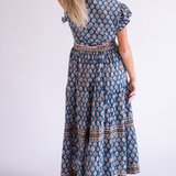 Louise Flutter Sleeve Blockprint Maxi Dress - Navy Orange Mix