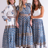Louise Flutter Sleeve Blockprint Maxi Dress - Navy Orange Mix