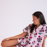Madeline Fall Jammy Short Set - Pink Stripe/Red Flower