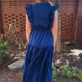 V-Neck Ruffle Midi Dress - Navy