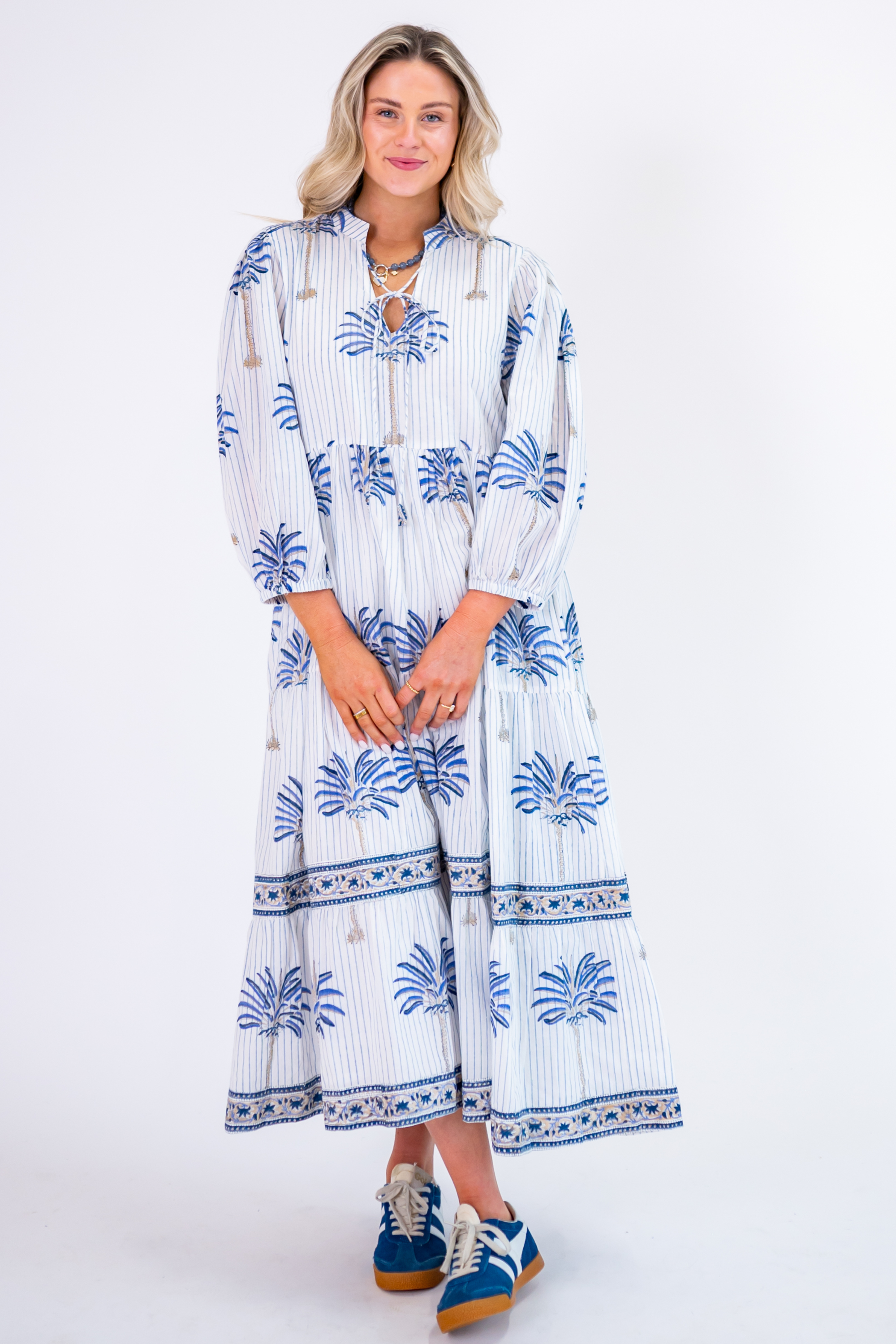 Hirma Bubble Sleeve Maxi Dress - Palm Stripe Cornflower