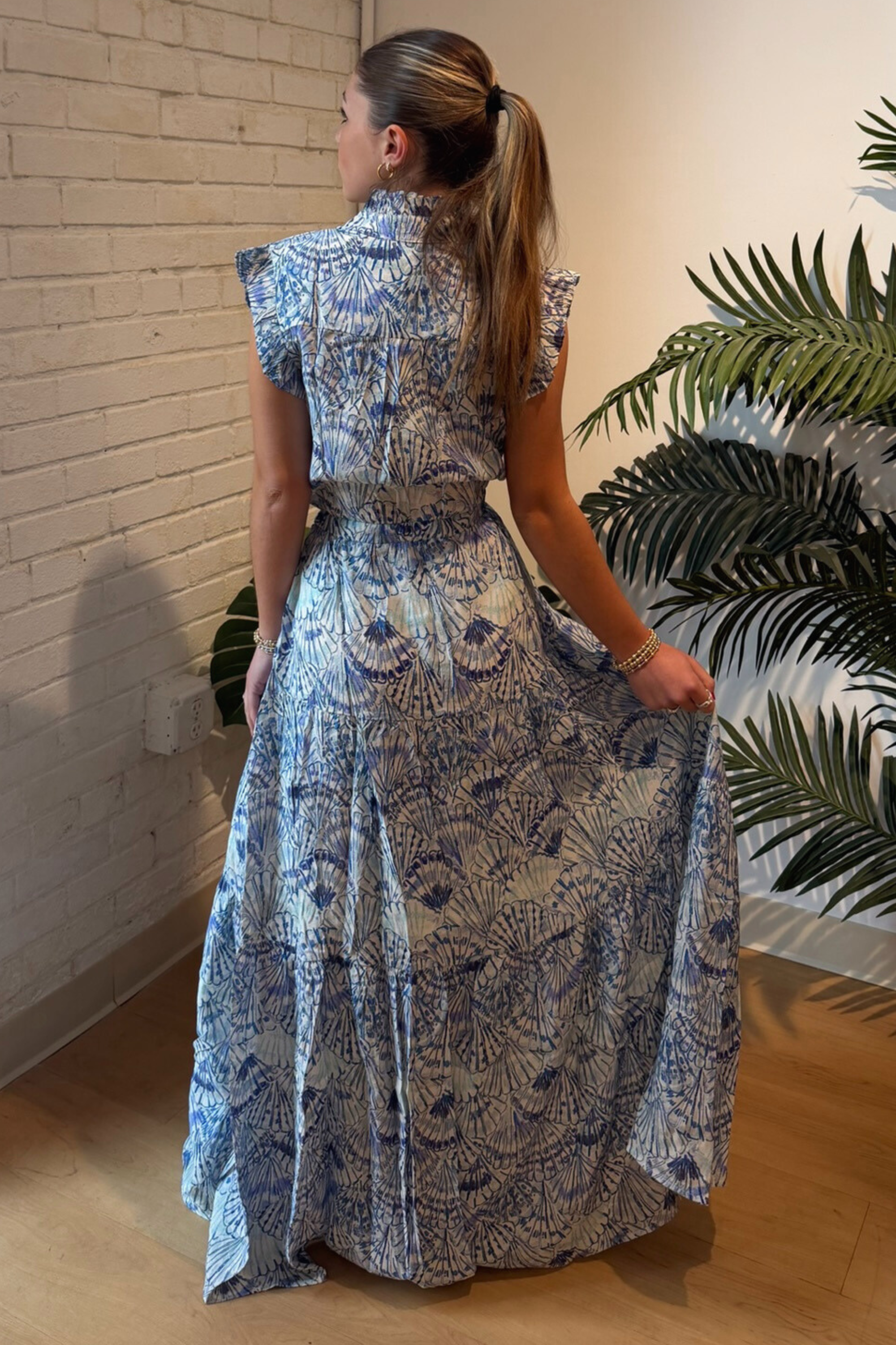 Seashell Print Maxi Dress - Blue