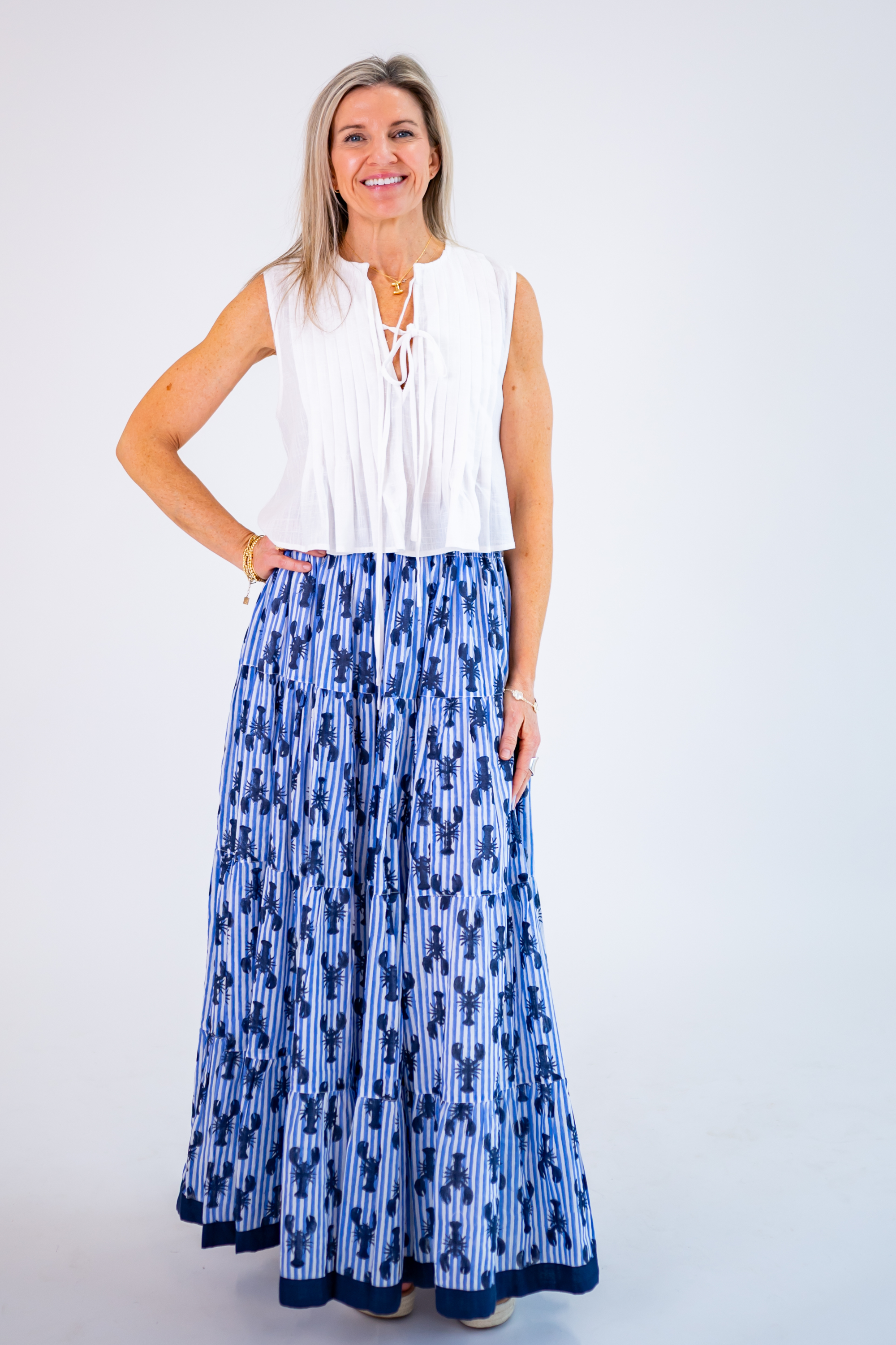 Lucy Smocked Maxi Skirt - Navy Lobsters/Blue Stripe