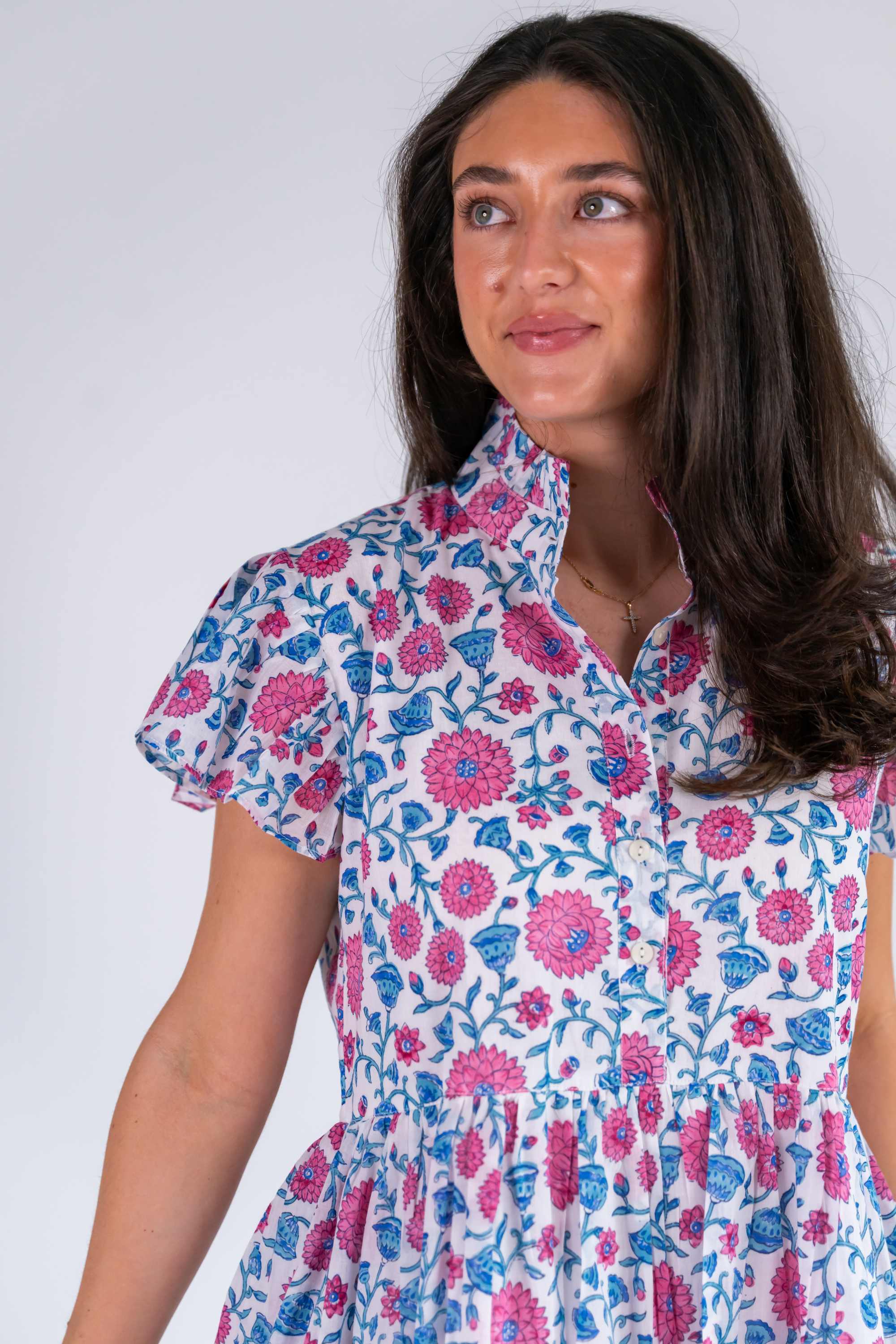 Lou Short Sleeve Flutter Midi Dress - Poppy Mix Hot Pink