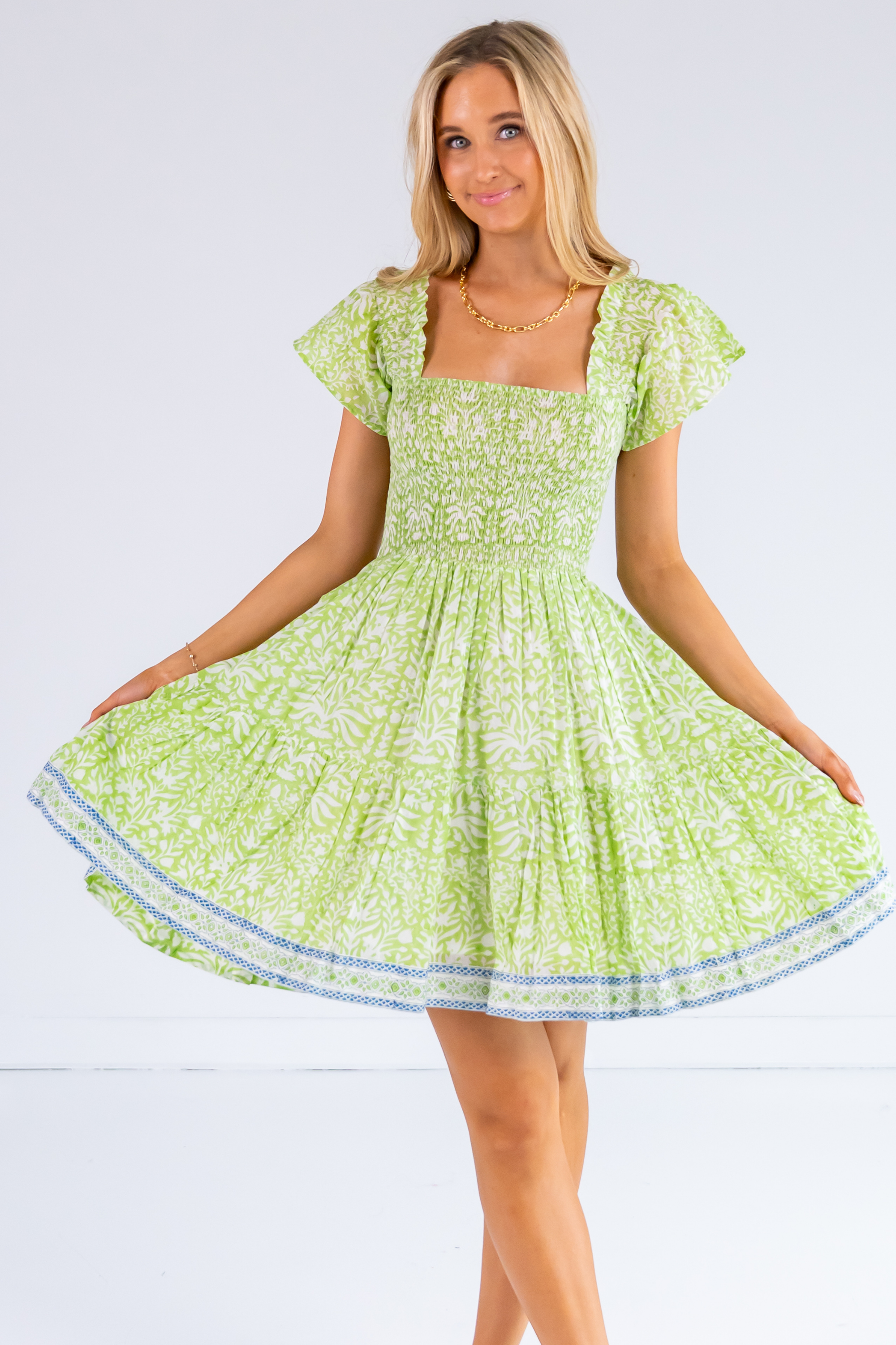Lil Smocked Mini Dress - Blossom Lime