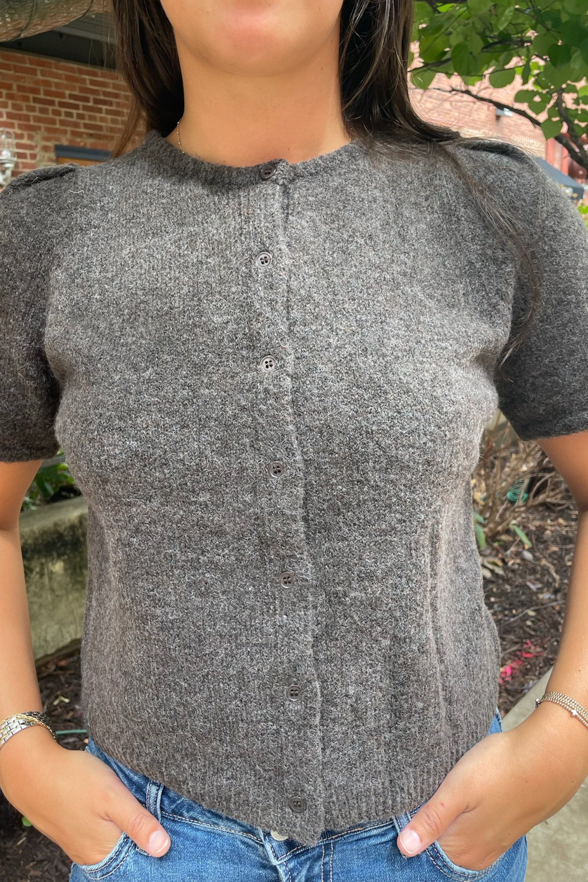 Nola Short Sleeve Button Down Cardigan - Charcoal Mocha