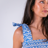 Joy Bow Mini Dress - Bulb Trellis Bright Blue