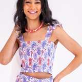 Charlie Smocked Flutter Crop Top - Hibiscus White