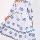 Hirma Bubble Sleeve Maxi Dress - Palm Stripe Cornflower