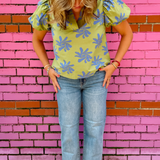 Ava Printed Top - Avocado/Blue