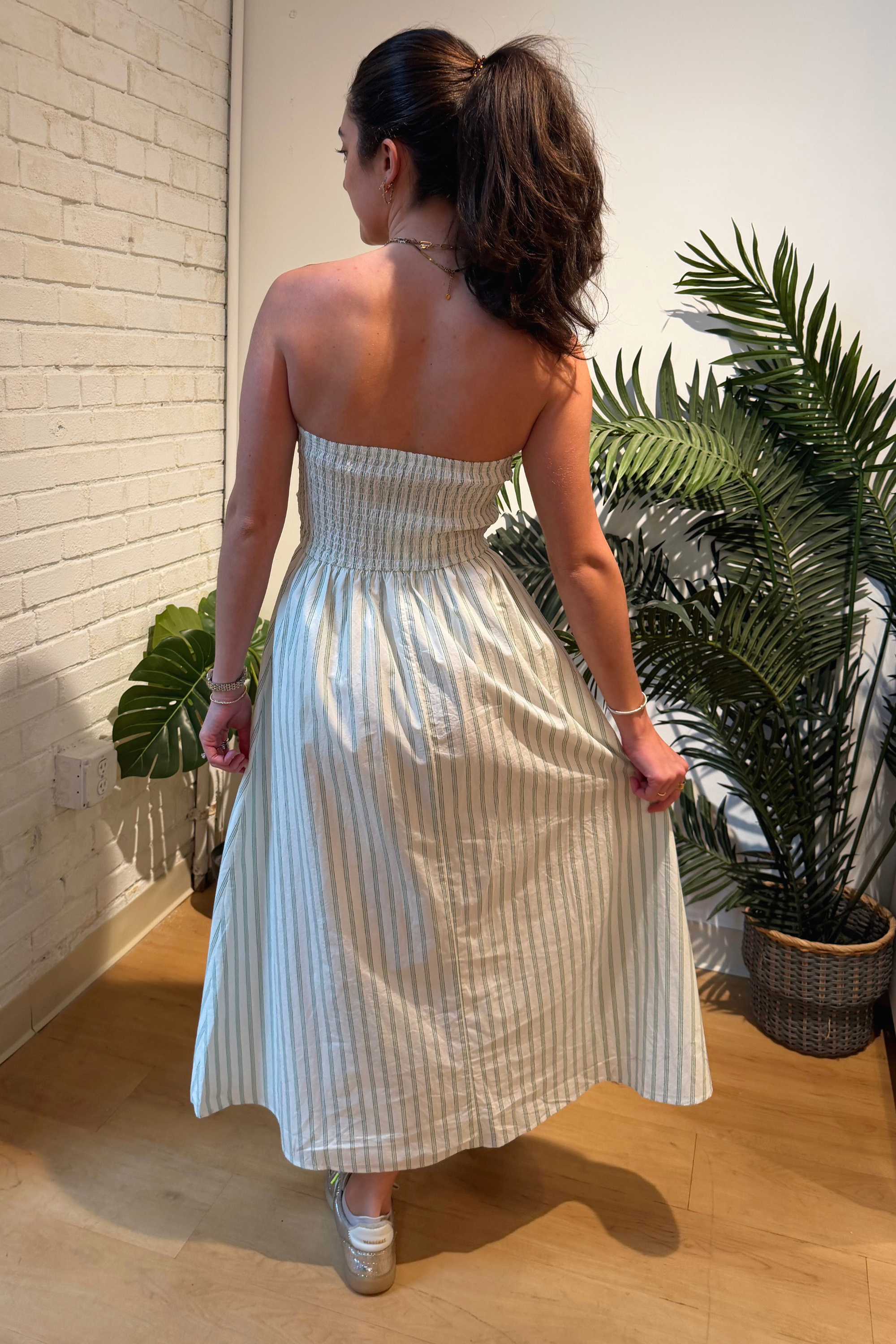 Jillian Strapless Stripe Midi Dress - Green/White