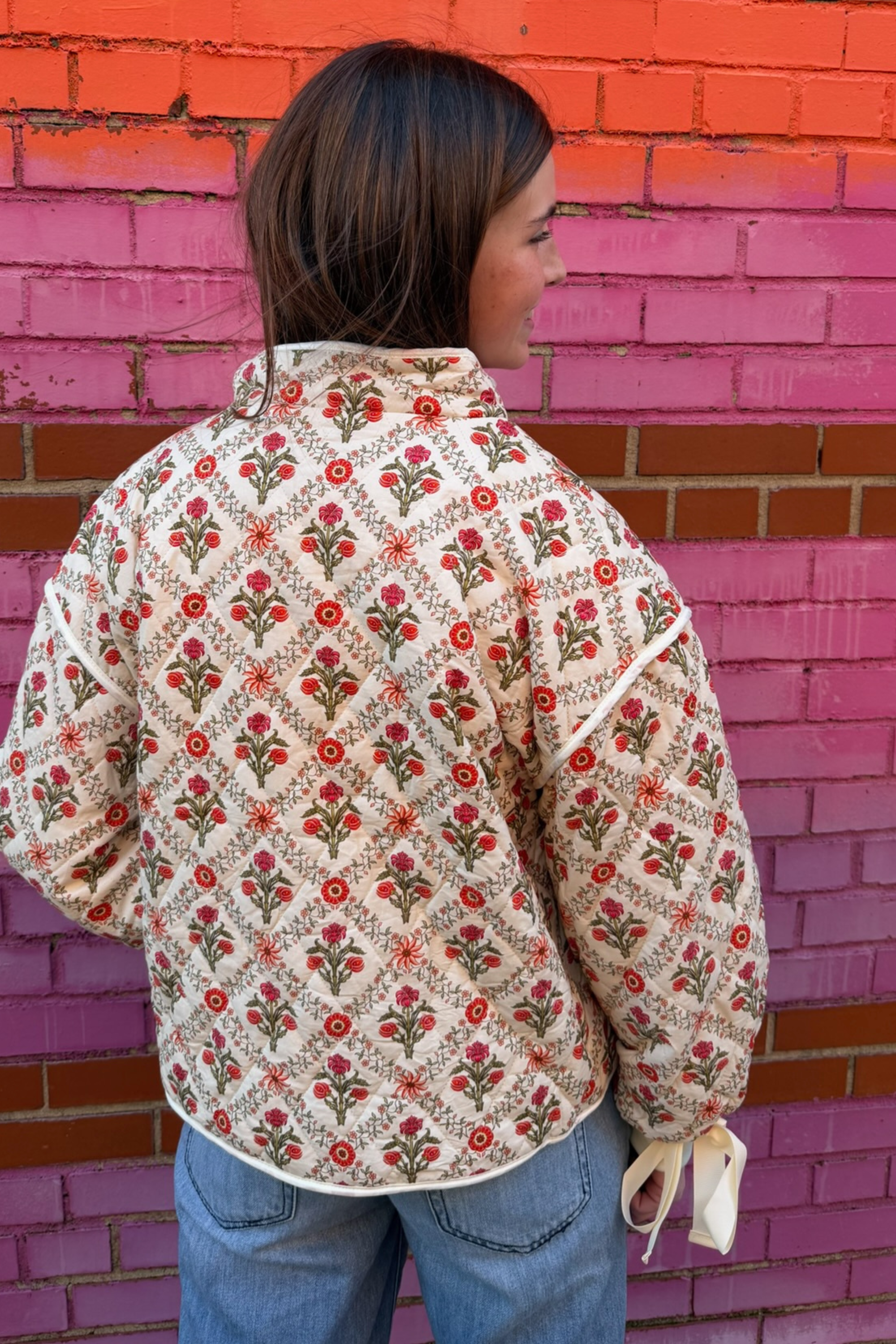 Trellis Floral Quilted Jacket - Ivory/Red
