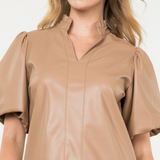 Puffy Faux Leather Mini Dress - Beige