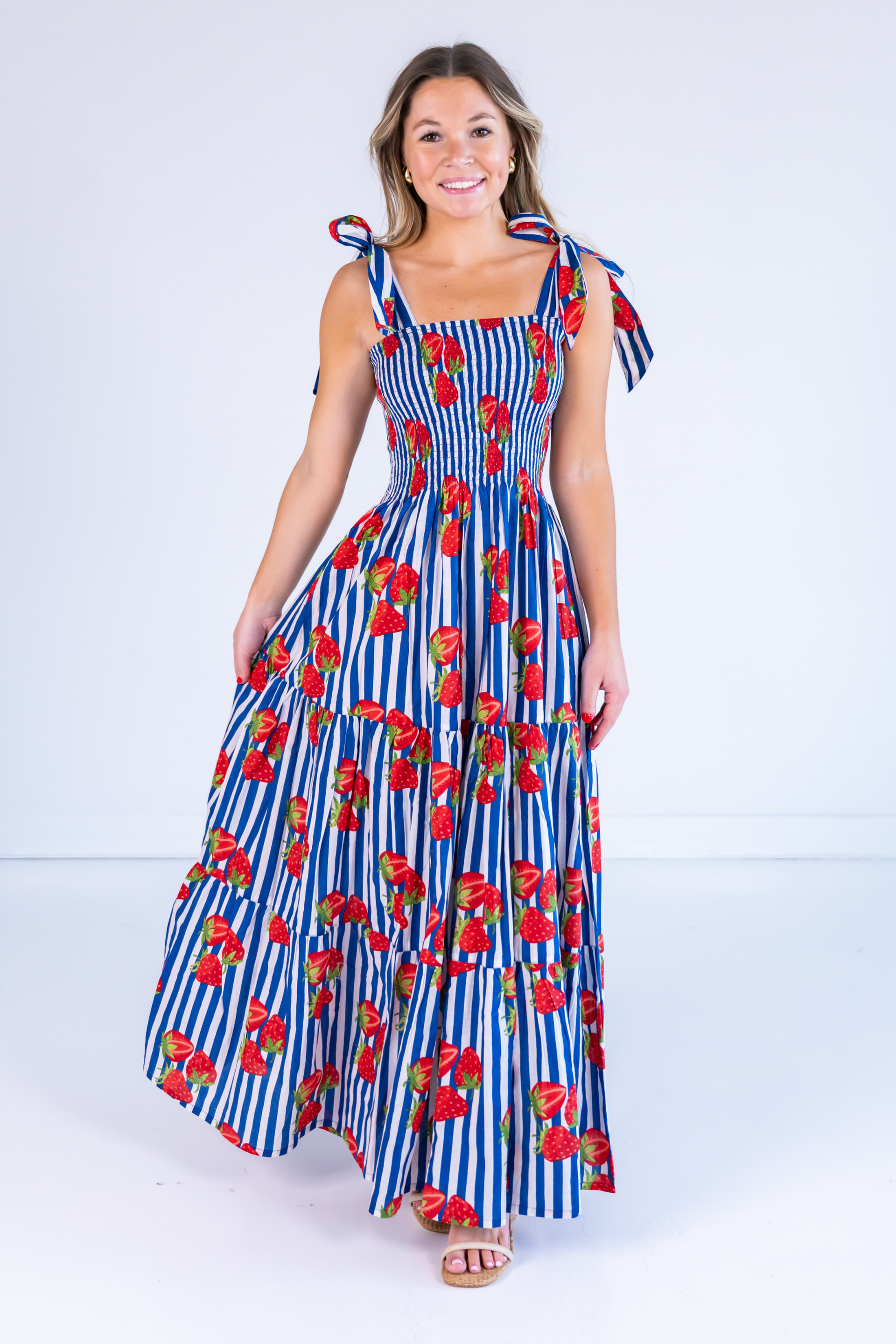 Joy Bow Maxi Dress - Strawberry Stripe Navy – Lilbelle Charlotte