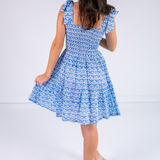 Joy Bow Mini Dress - Bulb Trellis Bright Blue