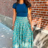 Britt Fall Smocked Midi Skirt - Wildflower Teal Butter