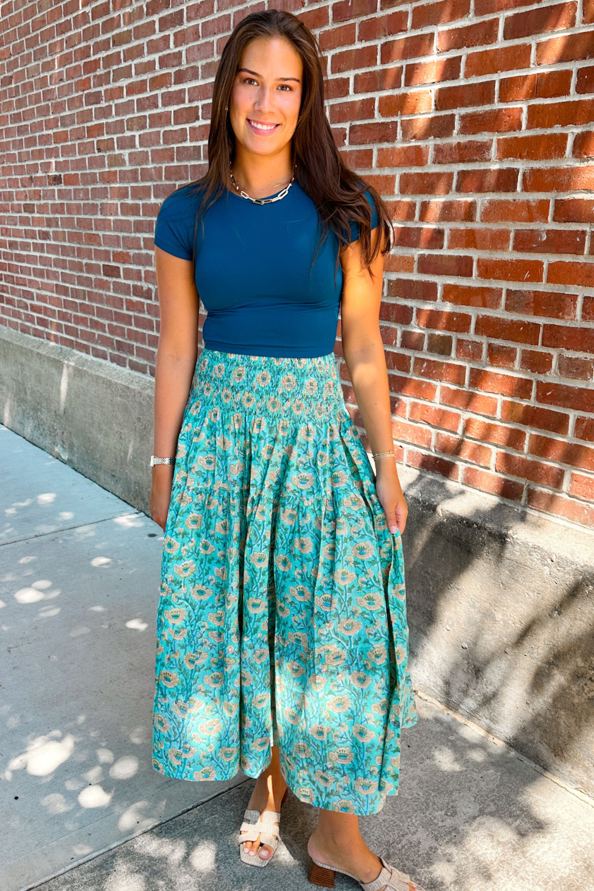 Britt Fall Smocked Midi Skirt - Wildflower Teal Butter