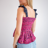 Tate Smocked Peplum Top - Magenta Blossom