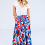 Britt Smocked Maxi Skirt - Strawberry Stripe Navy