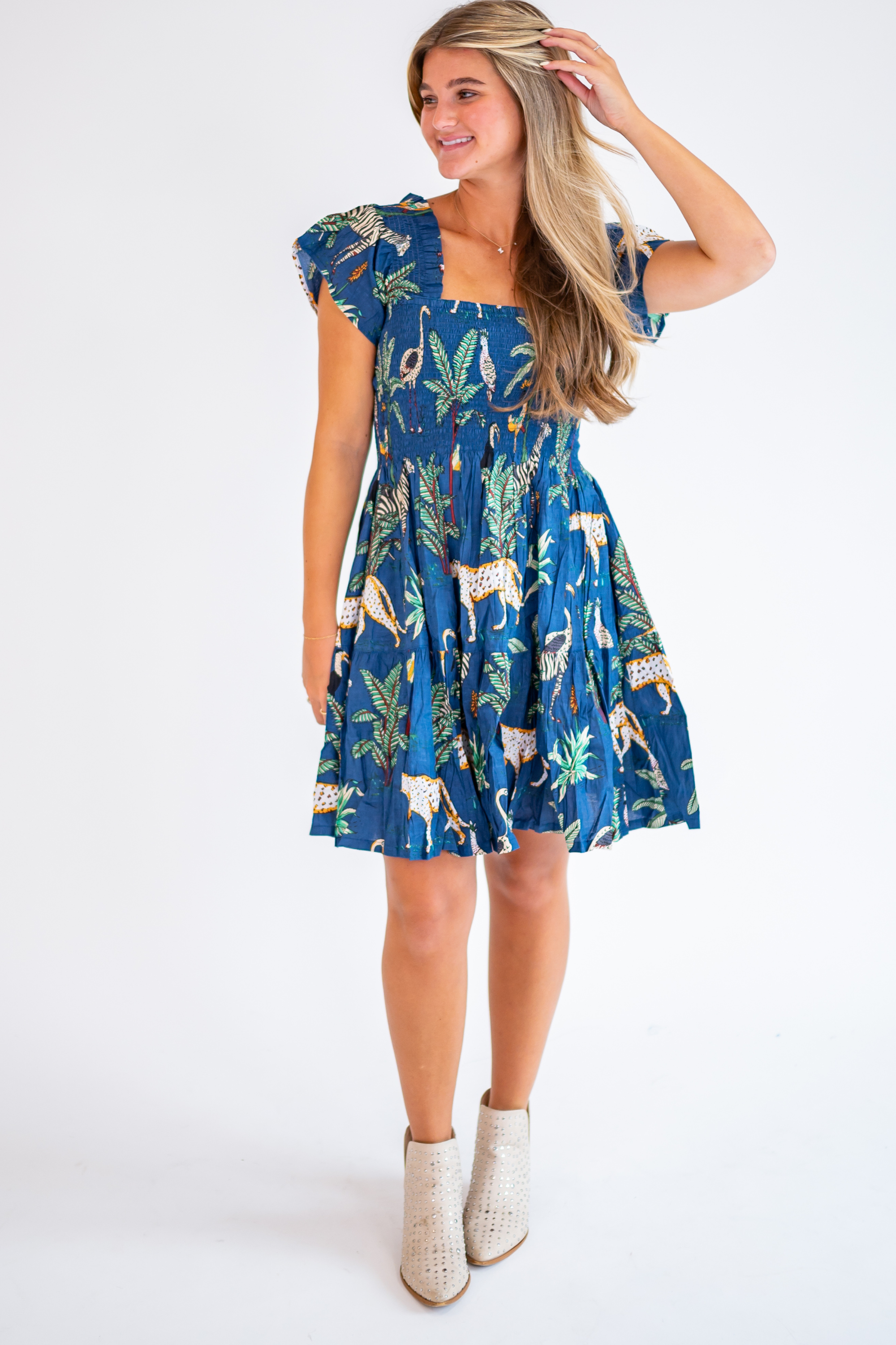 Lil Smocked Tropical Mini - Navy