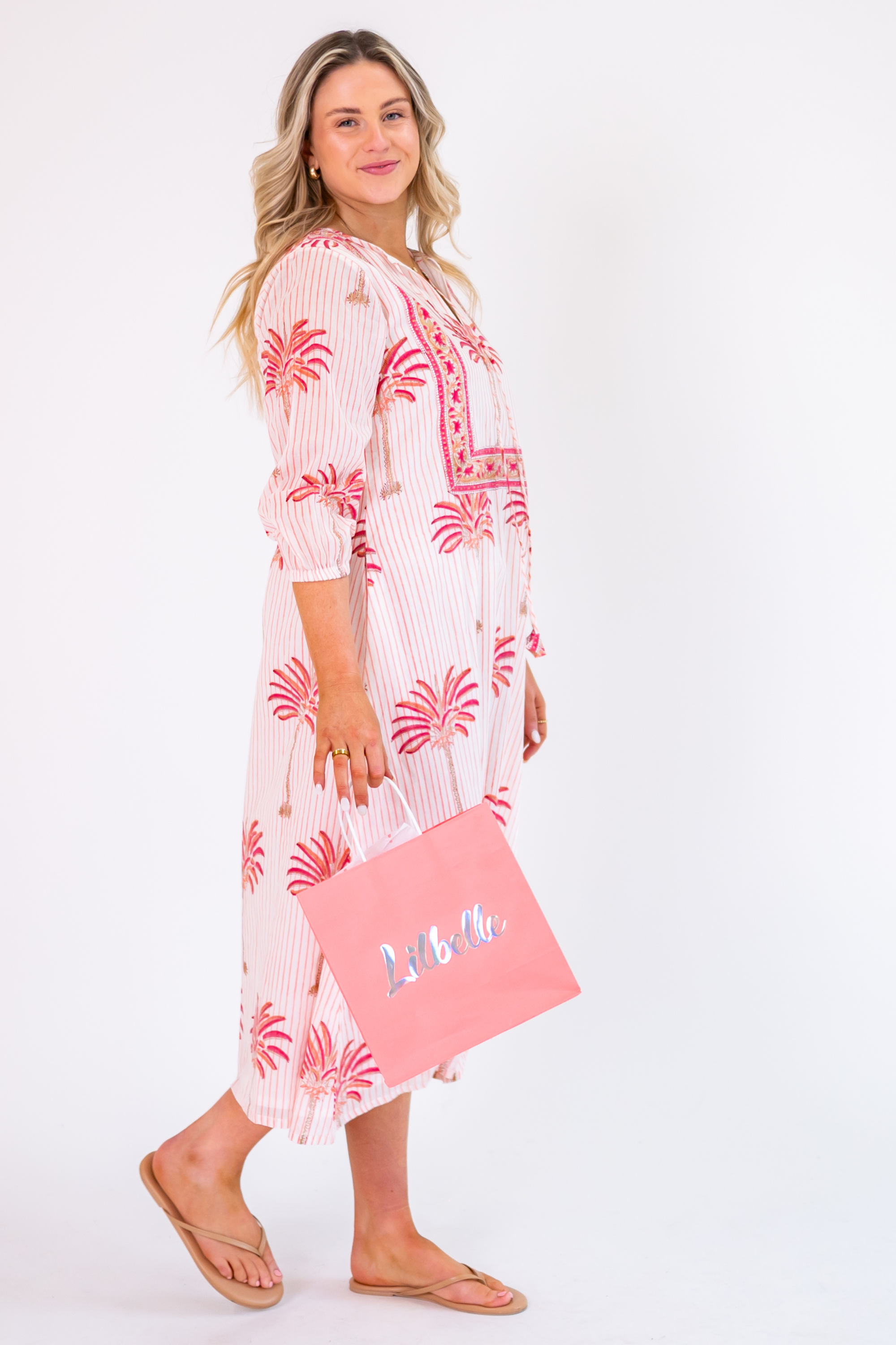 Sammy Long Sleeve Caftan Maxi - Palm Stripe Coral