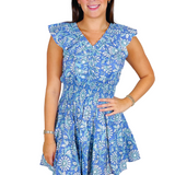 Claire Ruffle Mini Dress - Peri Teal Daisy