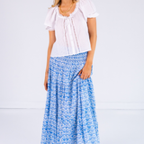 Britt Smocked Midi Skirt - Bulb Trellis Bright Blue