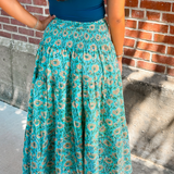Britt Fall Smocked Midi Skirt - Wildflower Teal Butter