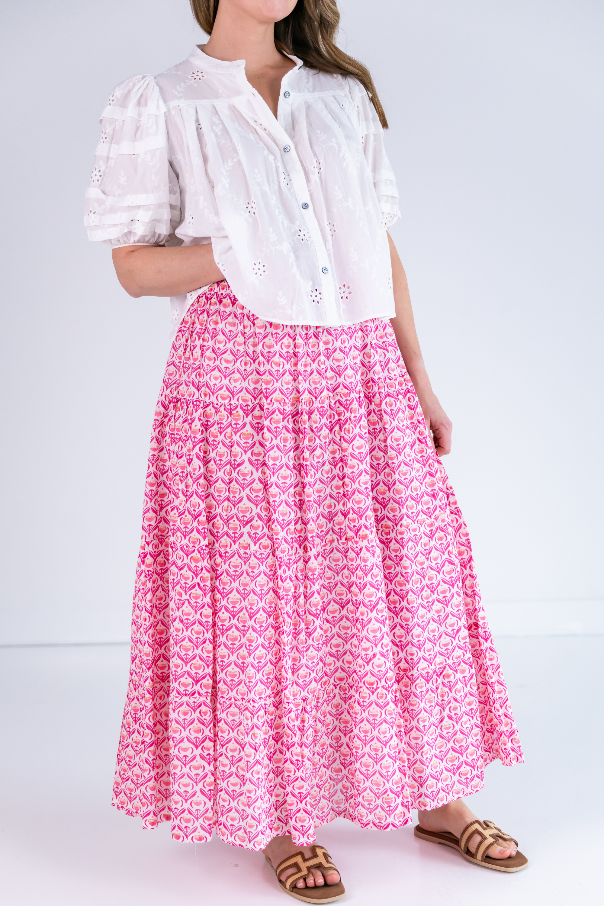 Lucy Smocked Maxi Skirt - Bulb Trellis Hot Pink