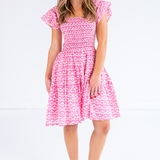 Lil Smocked Mini Dress - Bulb Trellis Hot Pink