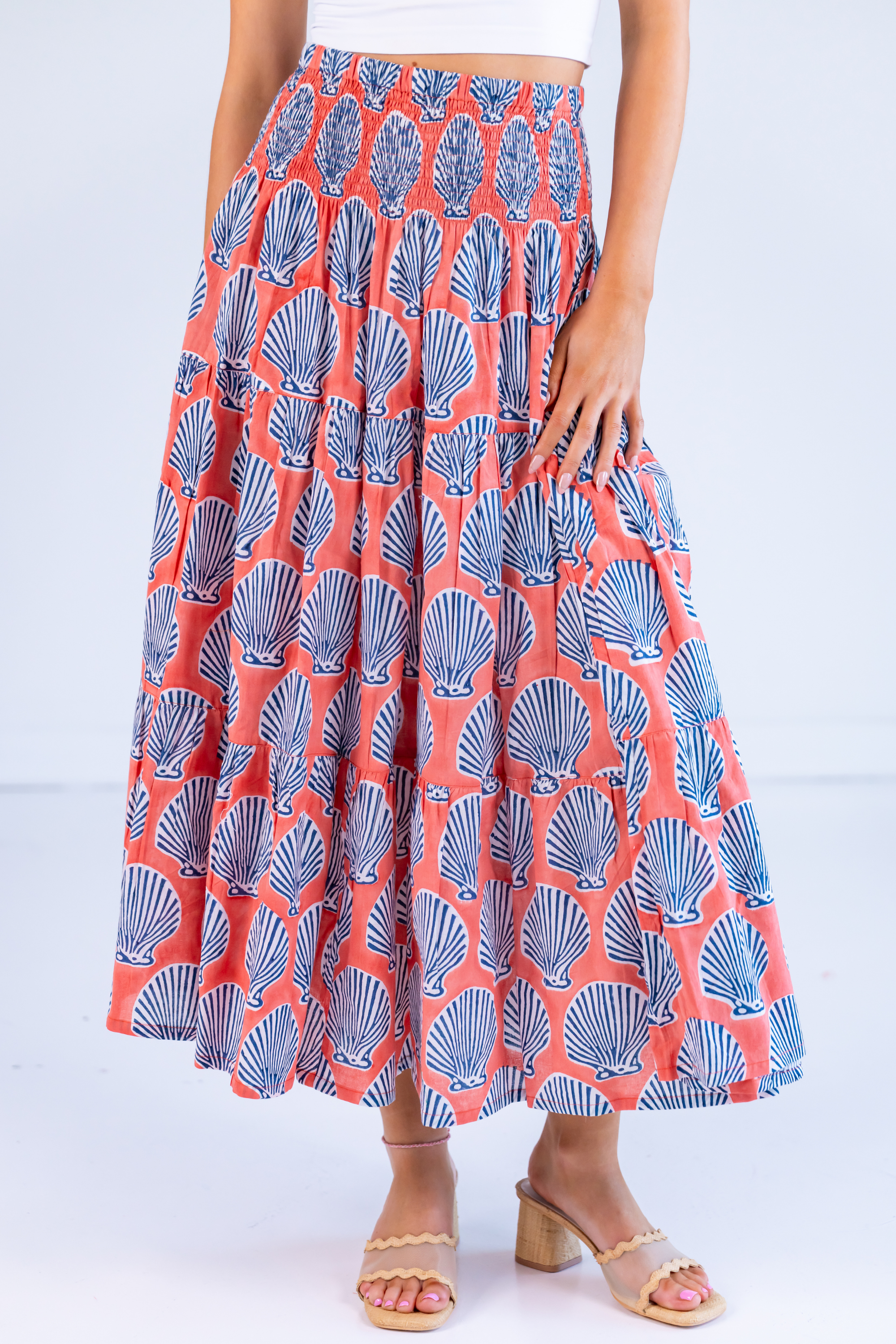 Lucy Smocked Midi Skirt - Shells Peach Navy