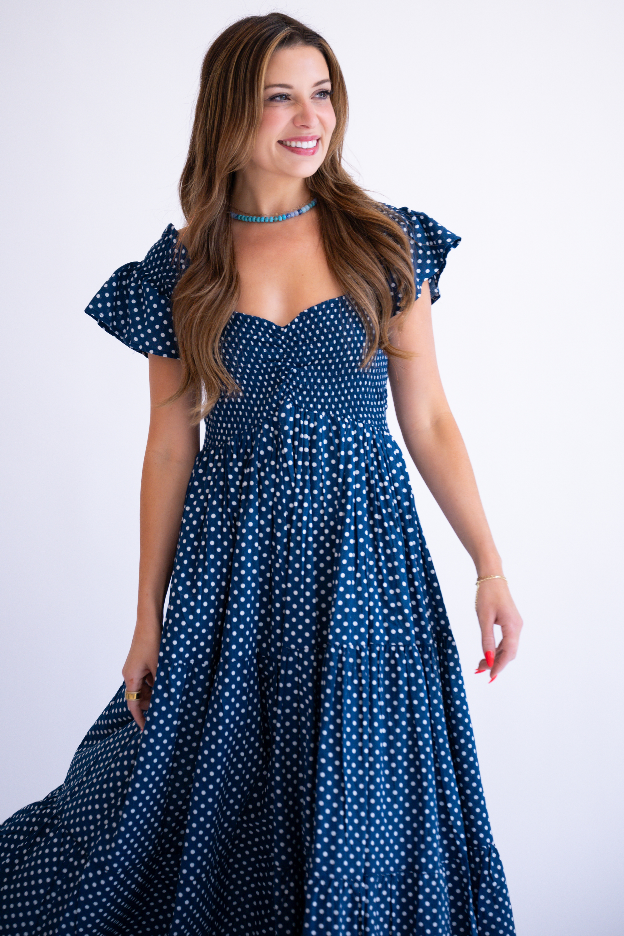 Abby Fall Sweetheart Maxi Dress  - Mini Dot Navy