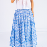 Britt Smocked Midi Skirt - Bulb Trellis Bright Blue