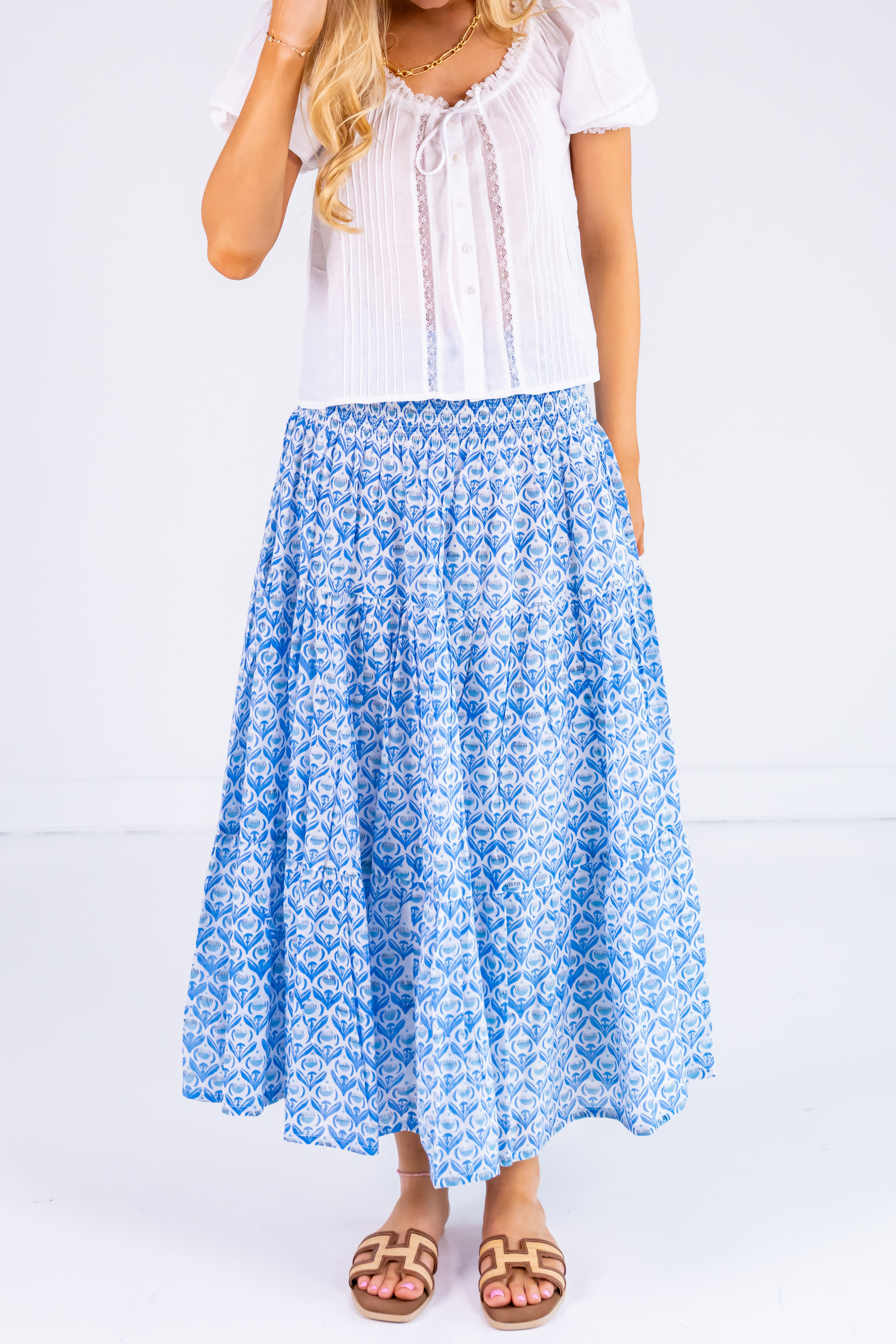Britt Smocked Midi Skirt - Bulb Trellis Bright Blue