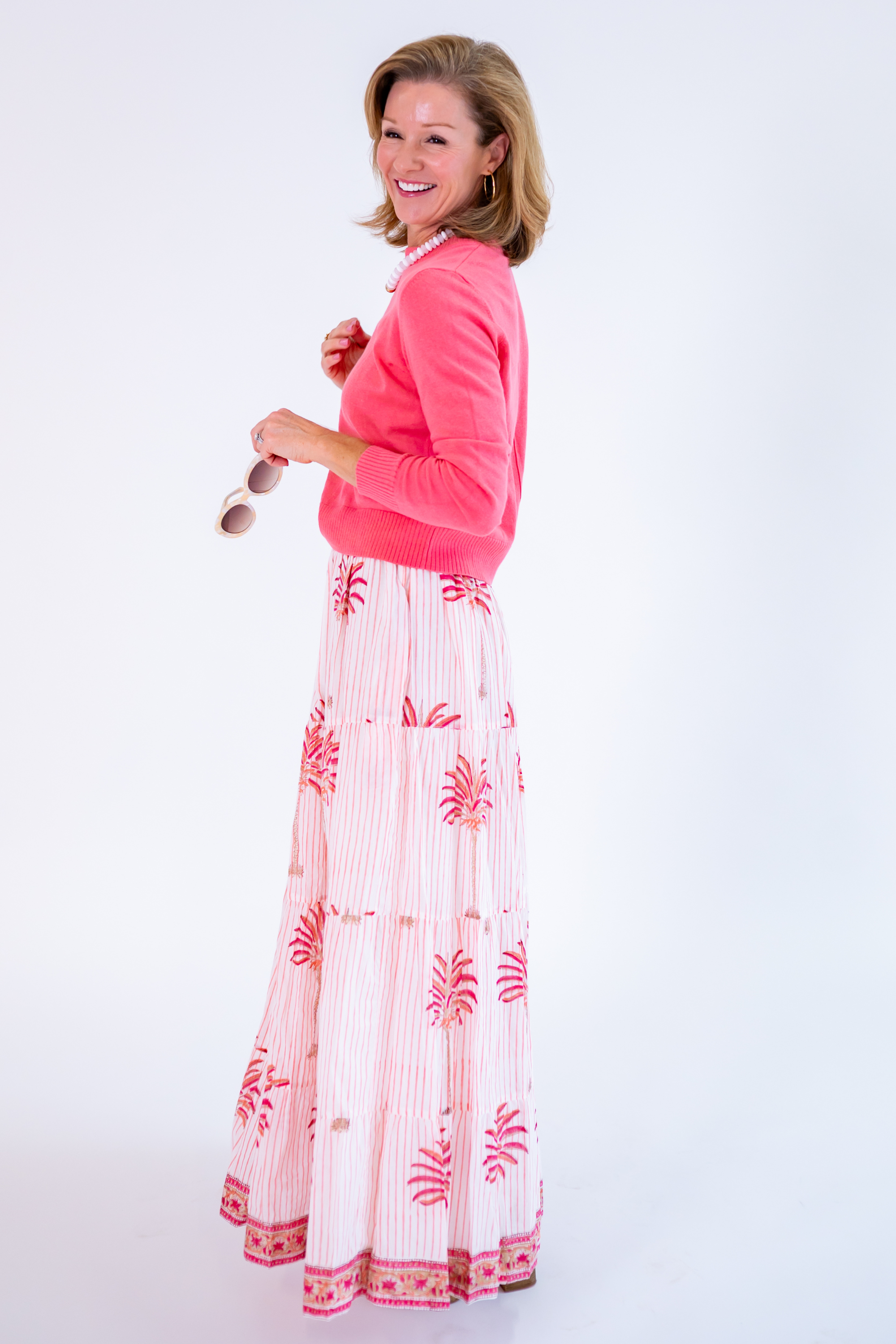 Jane Tiered Maxi Skirt - Palm Stripe Coral