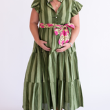Louise Flutter Sleeve Maxi Dress - Thick Stripe Olive