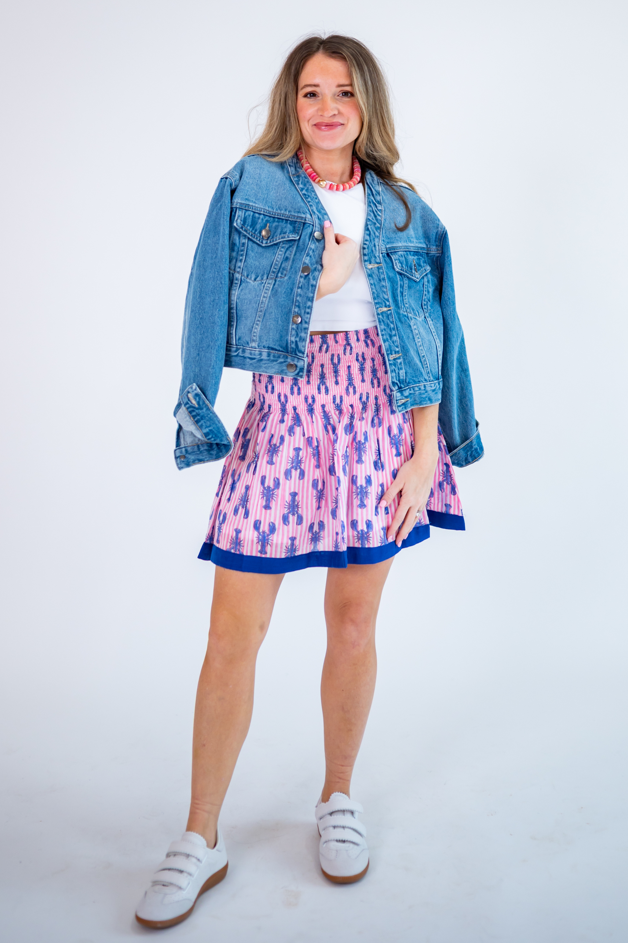 Sandy Smocked Mini Skirt - Cornflower Lobsters/Pink Stripe