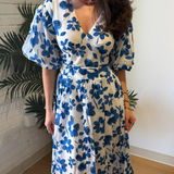 Raina Floral Midi Dress - White/Blue
