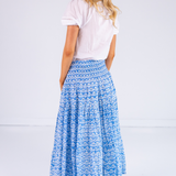 Britt Smocked Midi Skirt - Bulb Trellis Bright Blue