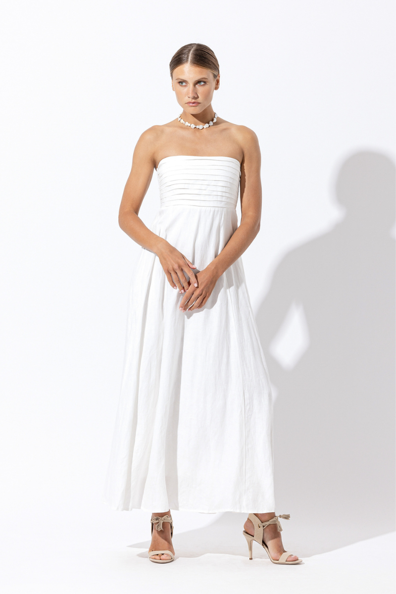 Talia Strapless Linen Maxi Dress - White