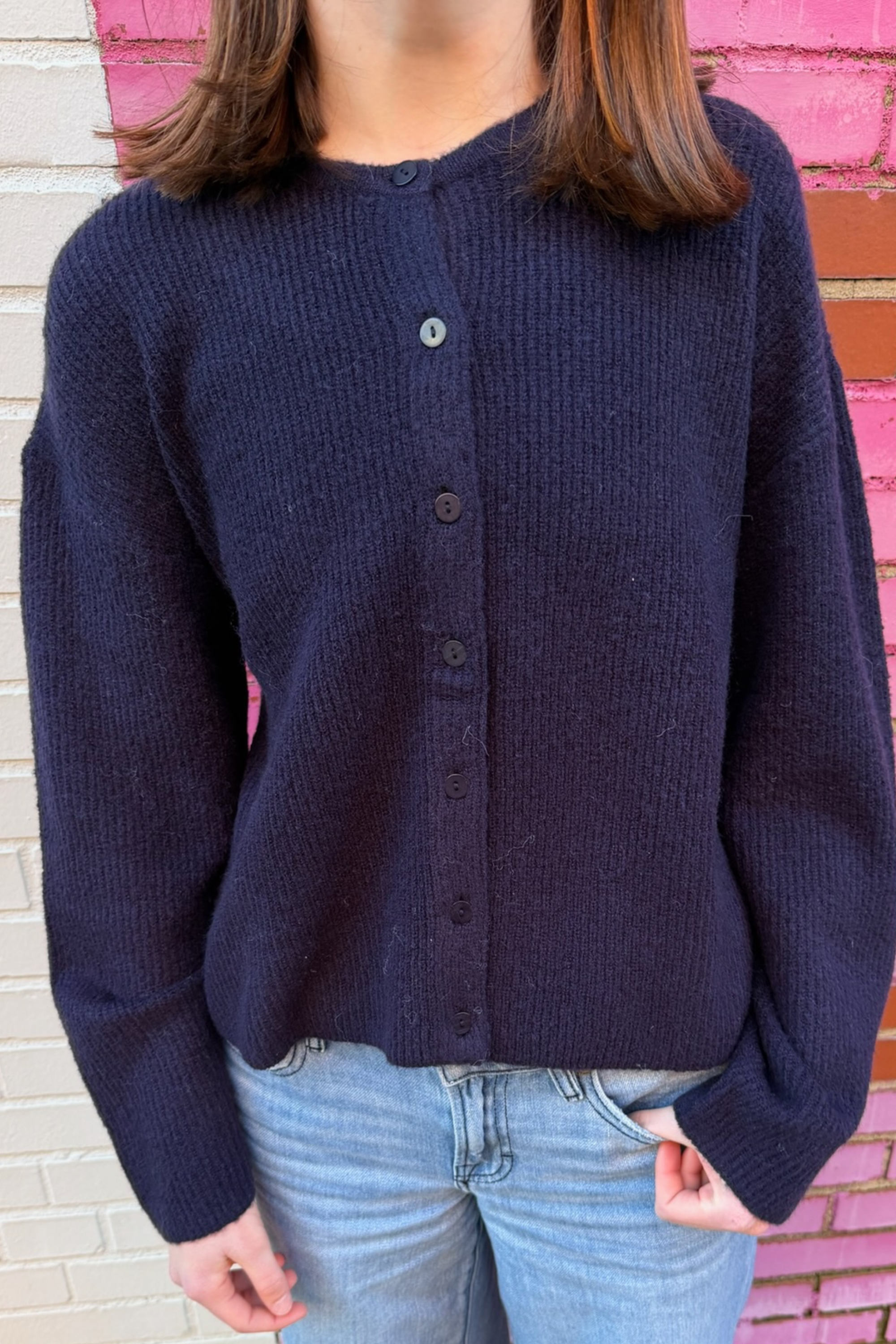 Annabel Fuzzy Knit Cardigan - Navy