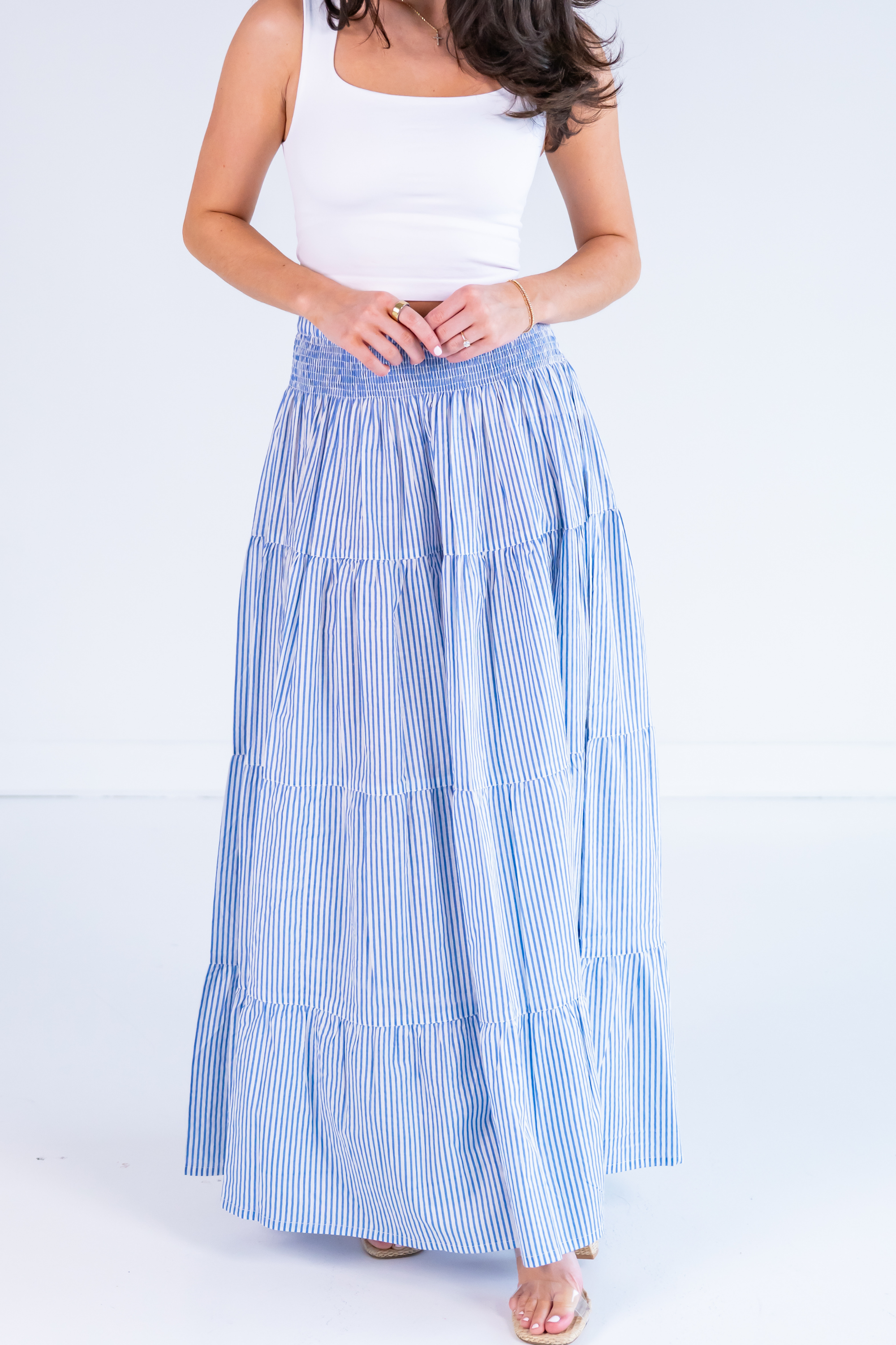 Lucy Smocked Maxi Skirt - Mini Stripe Cornflower